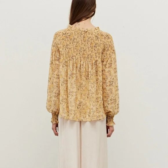 Flowy Pale Yellow Floral Blouse with smocking - Picture 2 of 10